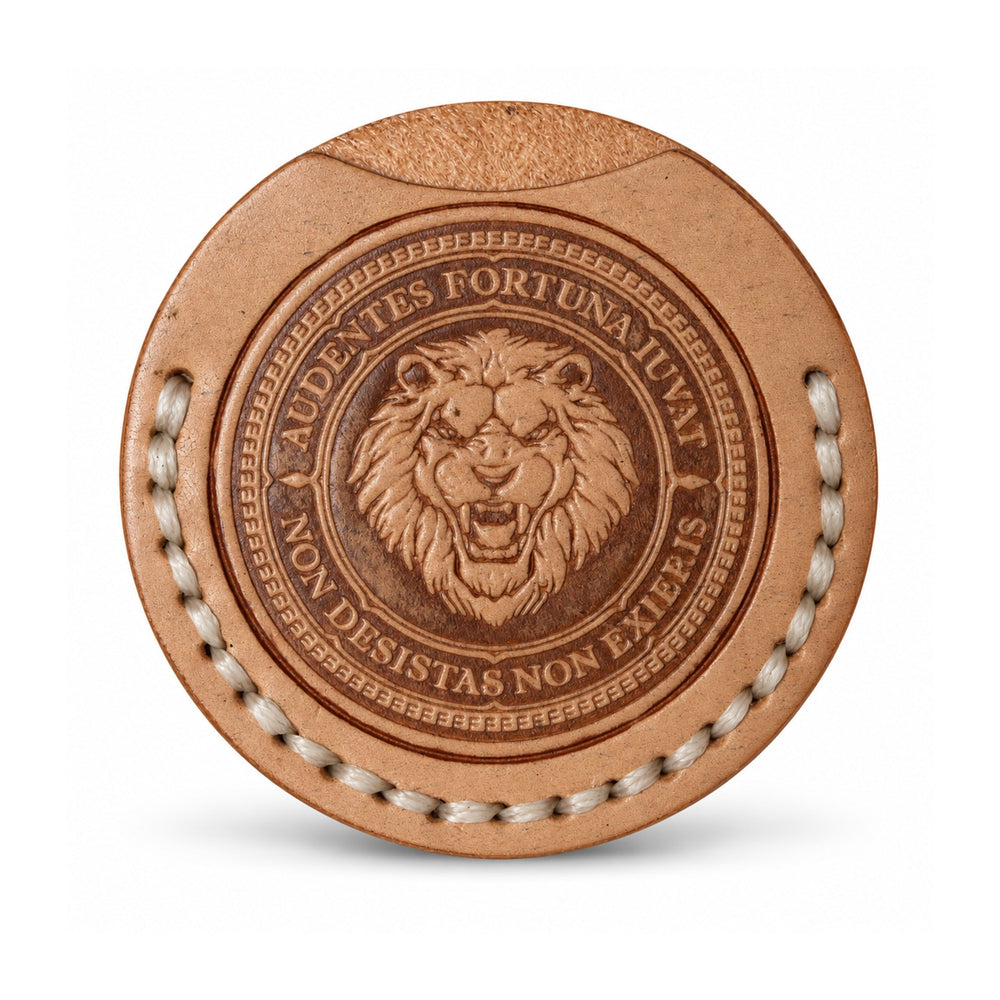 Audentes Fortuna Iuvat tan leather coin sleeve, sleeve only lion, ivory stitching