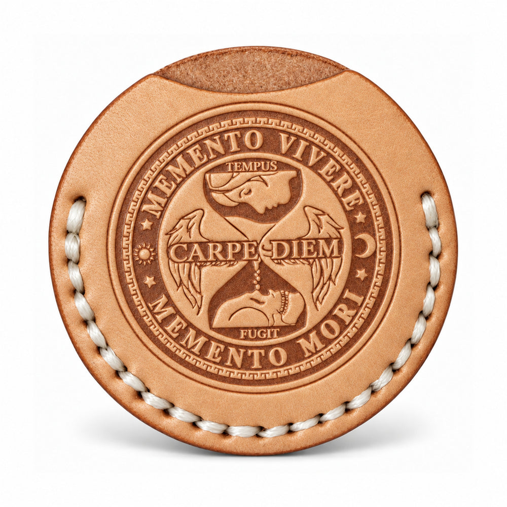 Carpe Diem natural tan leather coin sleeve with ivory stitching, sleeve only hourglass