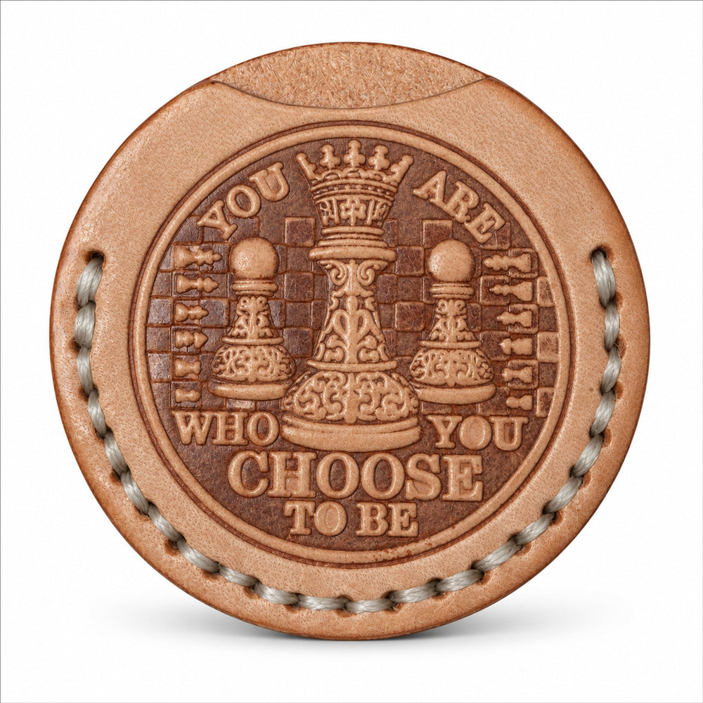 Checkmate natural tan leather coin sleeve with ivory stitching, sleeve only chess pieces
