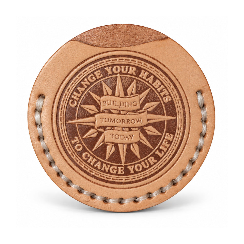Habit Transformation natural tan leather coin sleeve with ivory stitching, sleeve only compass
