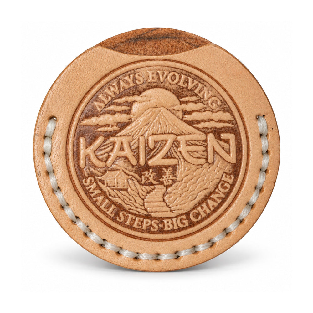 Kaizen natural tan leather coin sleeve with ivory stitching, sleeve only mountain