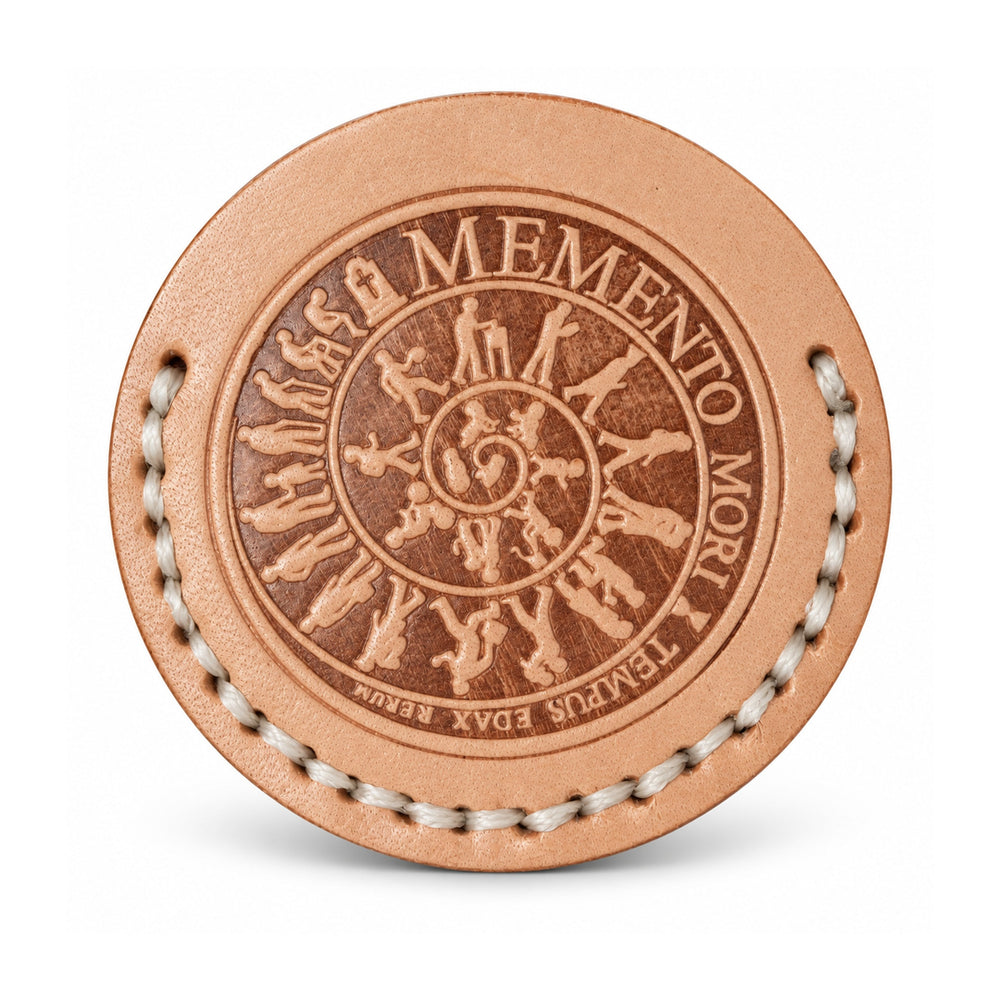 Life Spiral tan leather coin sleeve, sleeve only spiral, ivory stitching