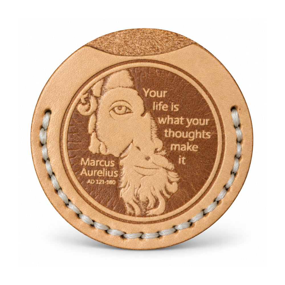 Marcus Aurelius natural tan leather coin sleeve with ivory stitching, sleeve only portrait