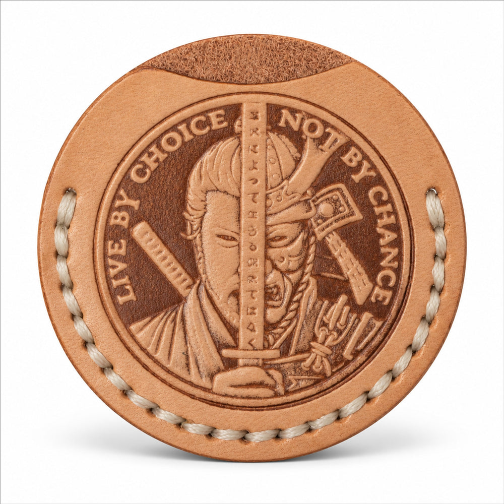 Samurai Spirit natural tan leather coin sleeve with ivory stitching, sleeve only samurai