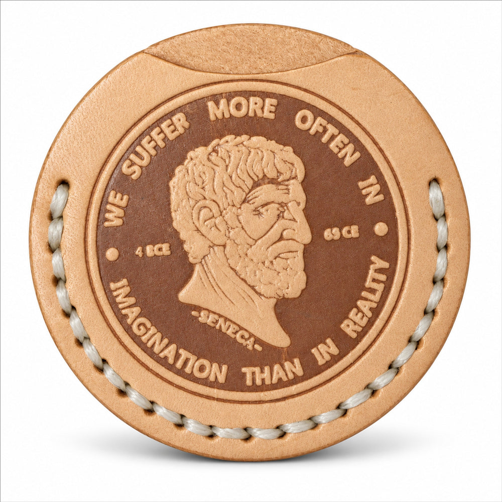 Seneca natural tan leather coin sleeve with ivory stitching, sleeve only portrait