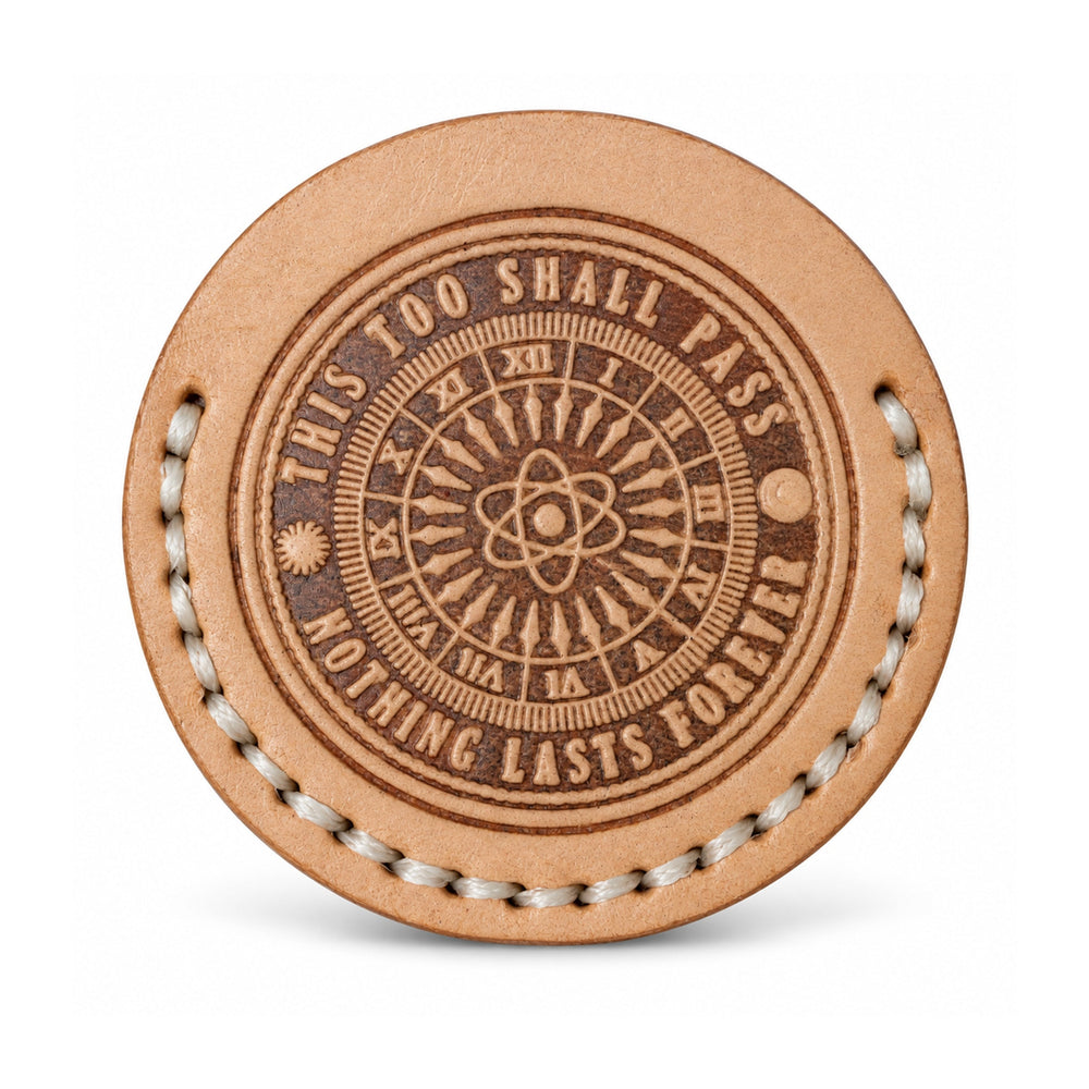 This Too Shall Pass tan leather coin sleeve, sleeve only clock, ivory stitching