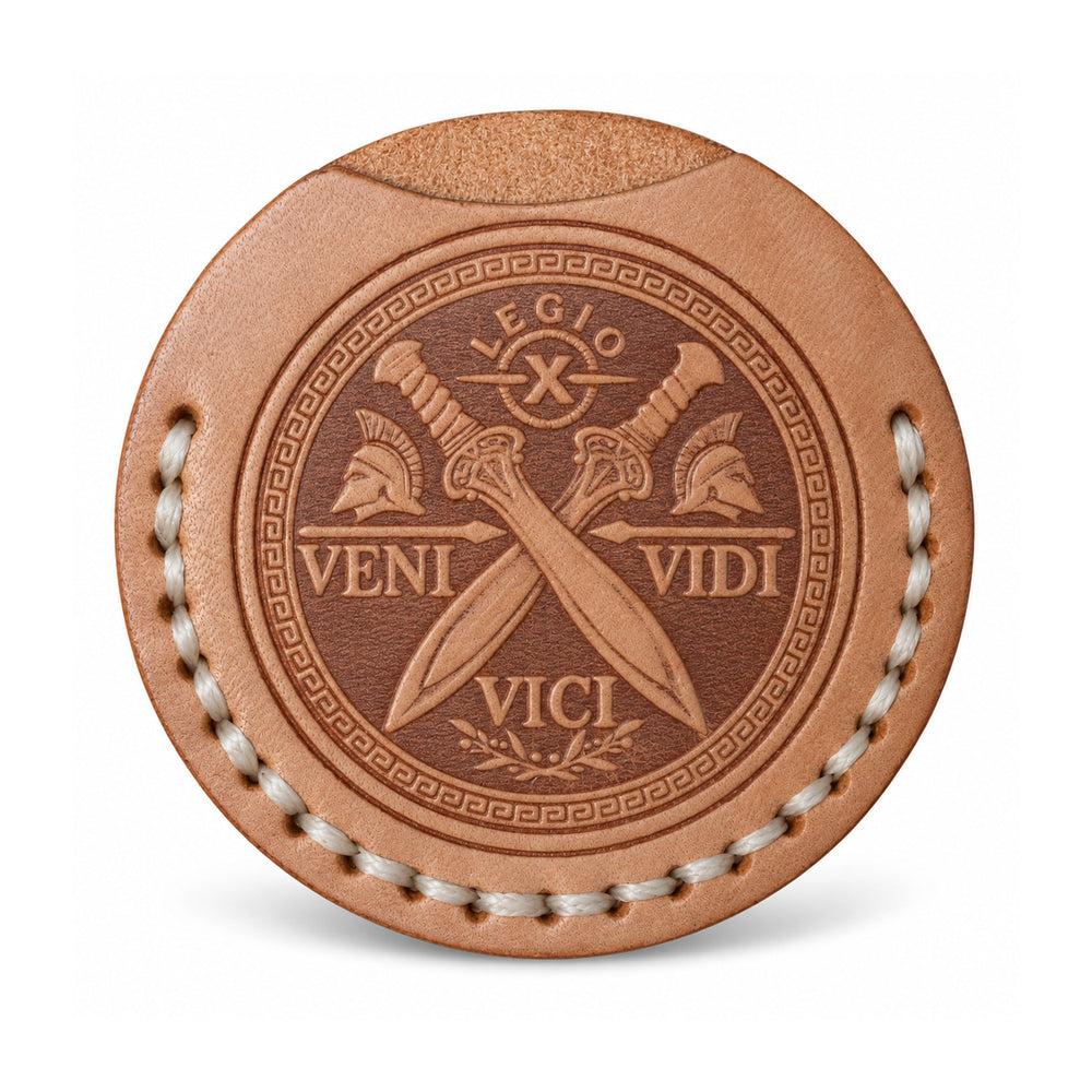 Veni Vidi Vici natural tan leather coin sleeve with ivory stitching, sleeve only crossed swords