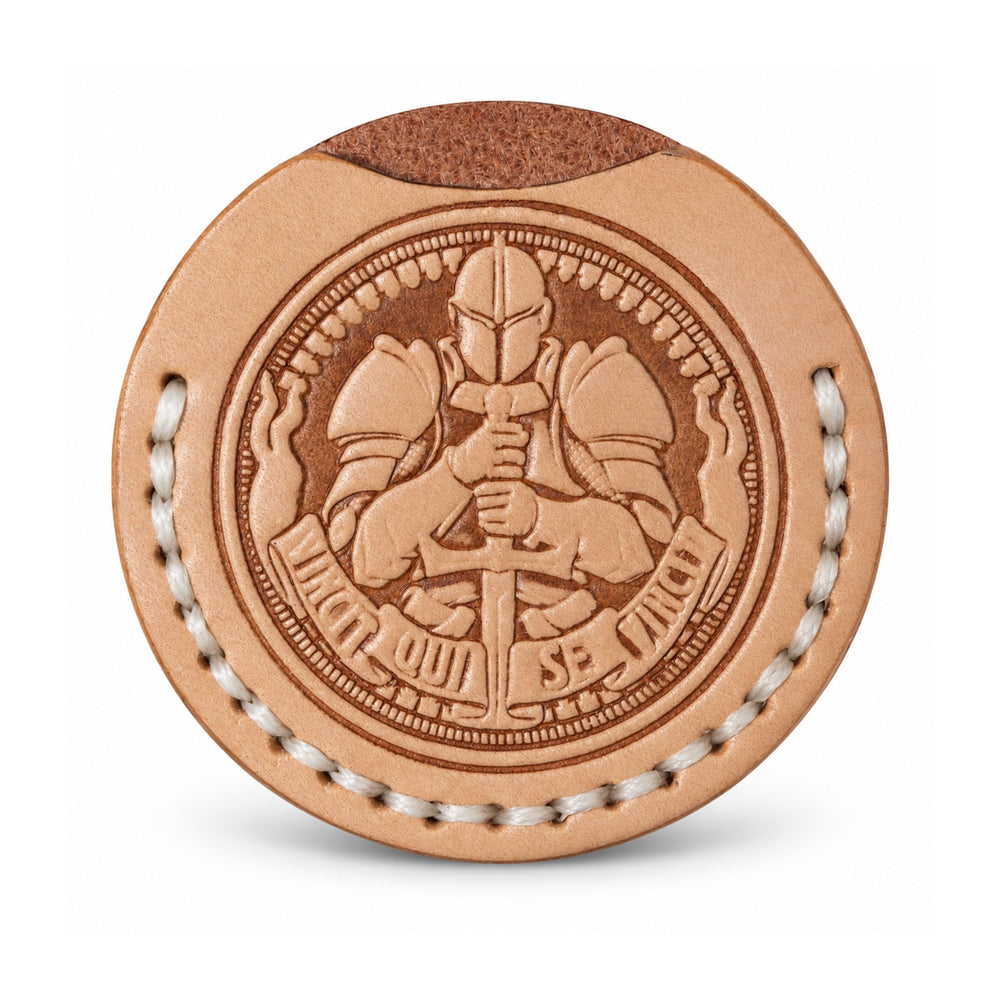 Vincit Qui Se Vincit tan leather coin sleeve, sleeve only warrior, ivory stitching