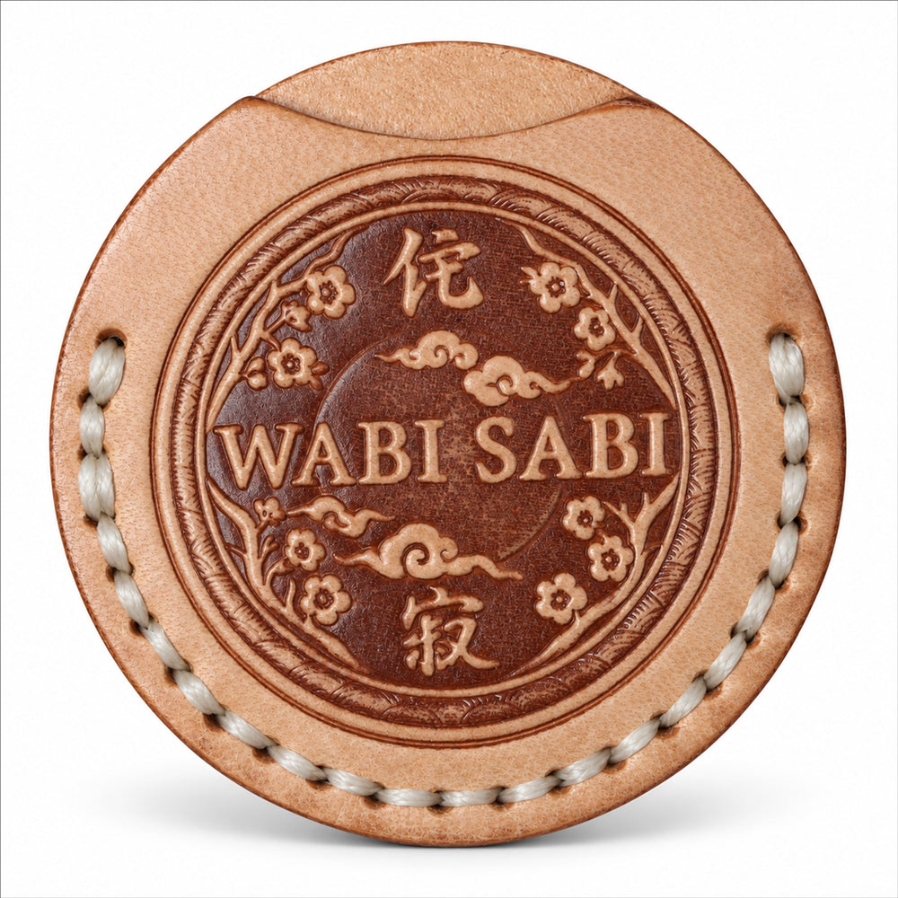 Wabi Sabi natural tan leather coin sleeve with ivory stitching, sleeve only blossoms